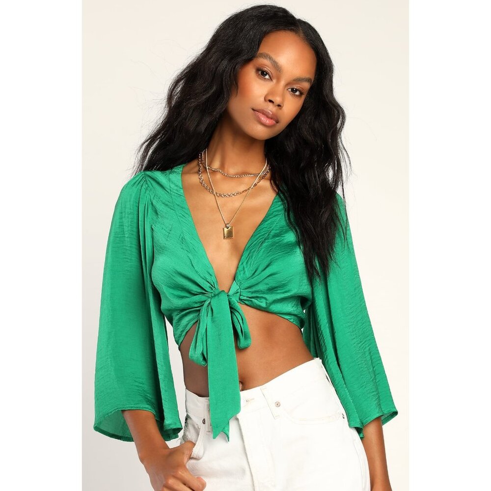 NWT Lulus Flirt With Me Green Tie-Front Bell Sleeve Crop Top Women's Size Small